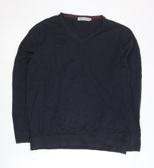 Jack Reid Men's Blue Cotton Blend V-Neck Jumper Size L Long Sleeve