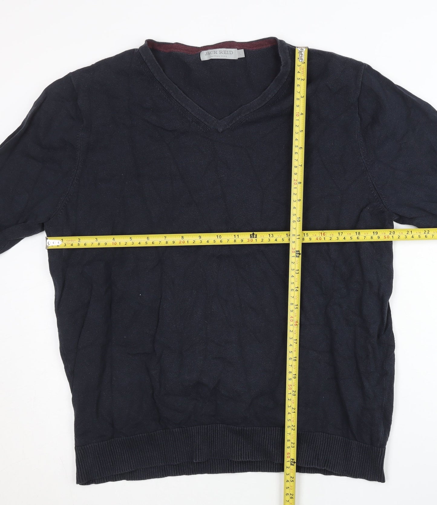 Jack Reid Men's Blue Cotton Blend V-Neck Jumper Size L Long Sleeve