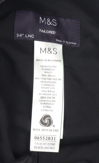 Marks and Spencer Mens Black 34W 33L Tailored Wool Blend Dress Pants