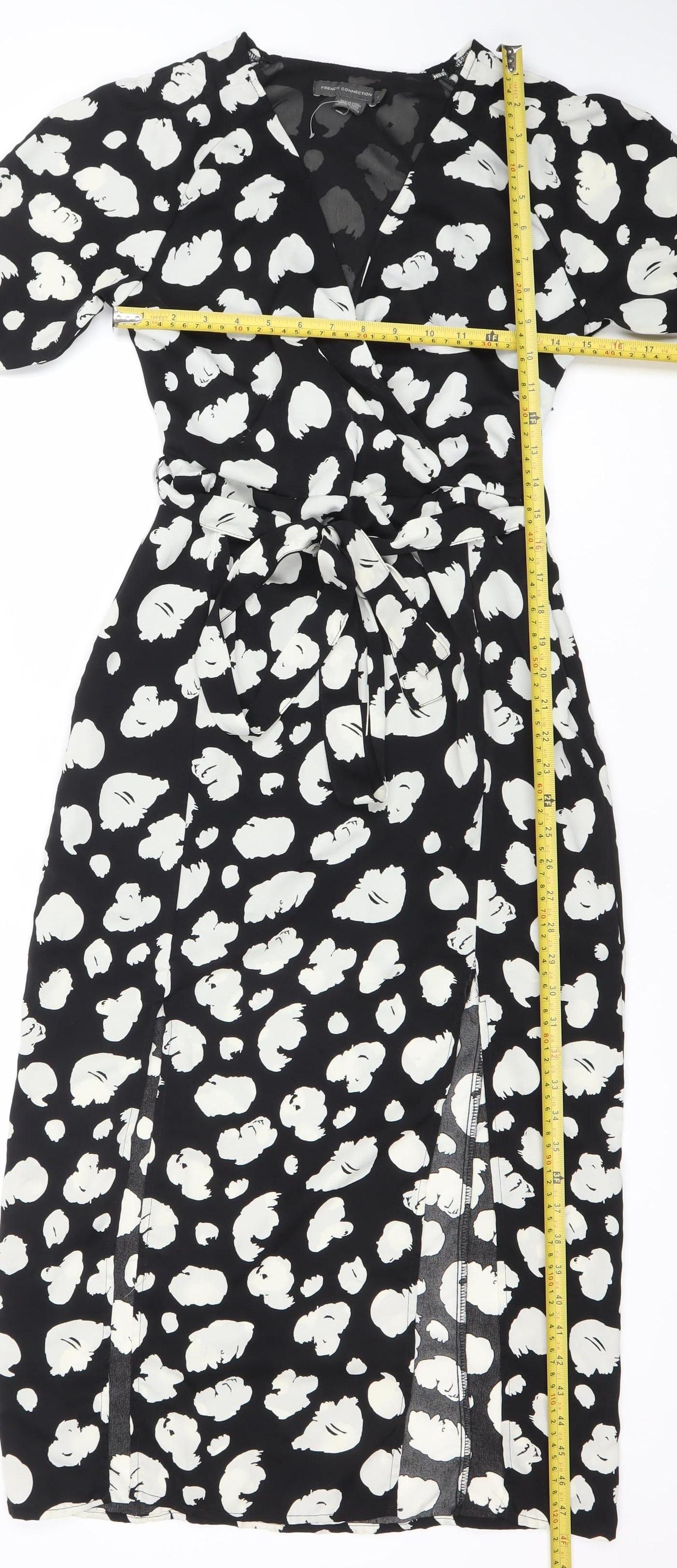French Connection Women’s Black Animal Print Midi Wrap Dress Size 6