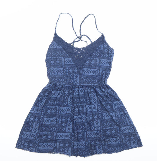 Hollister Women’s Blue Geometric Slip Dress Size M Lace V-Neck Summer
