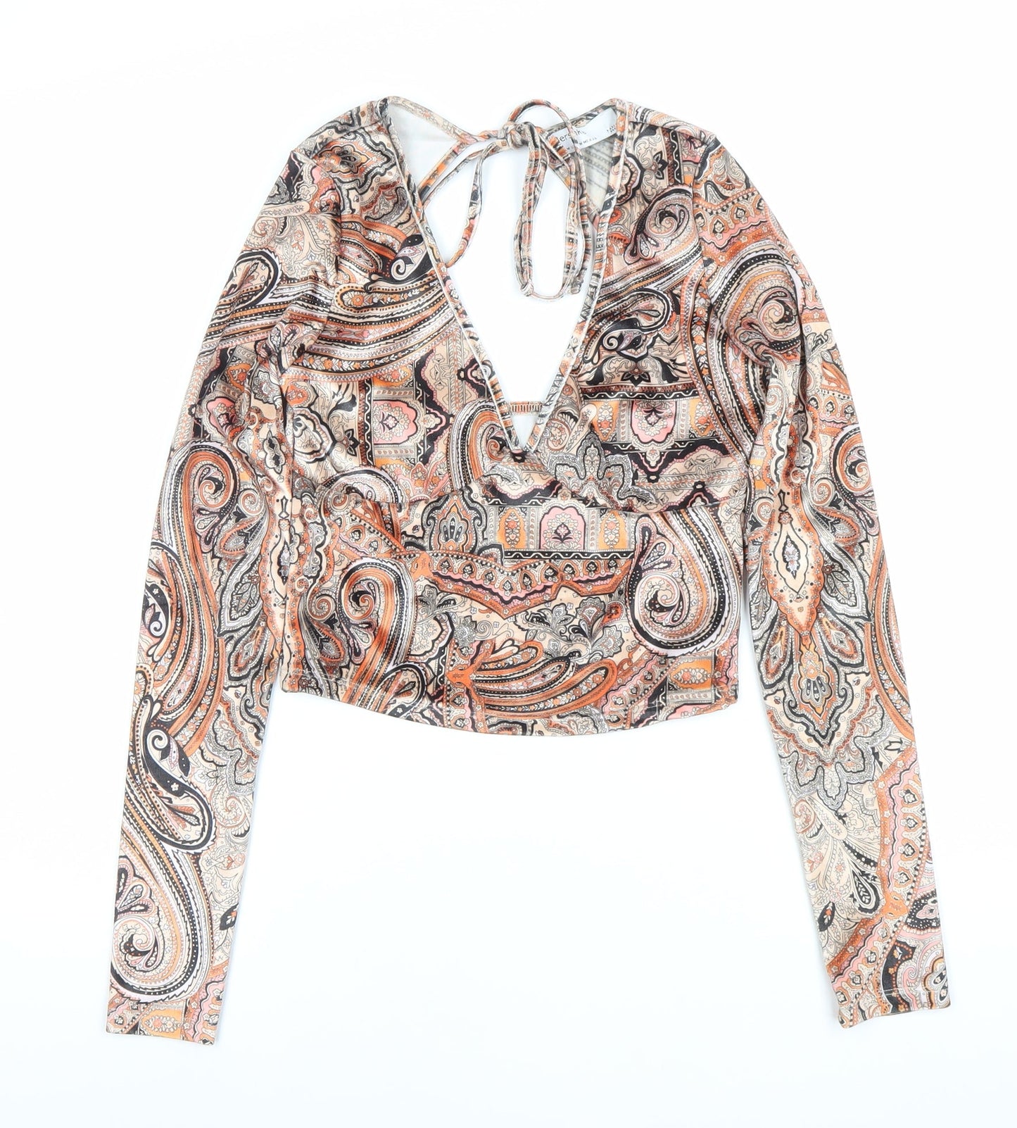 Bershka Women’s Multicoloured Paisley Cropped V-Neck Blouse Size 6