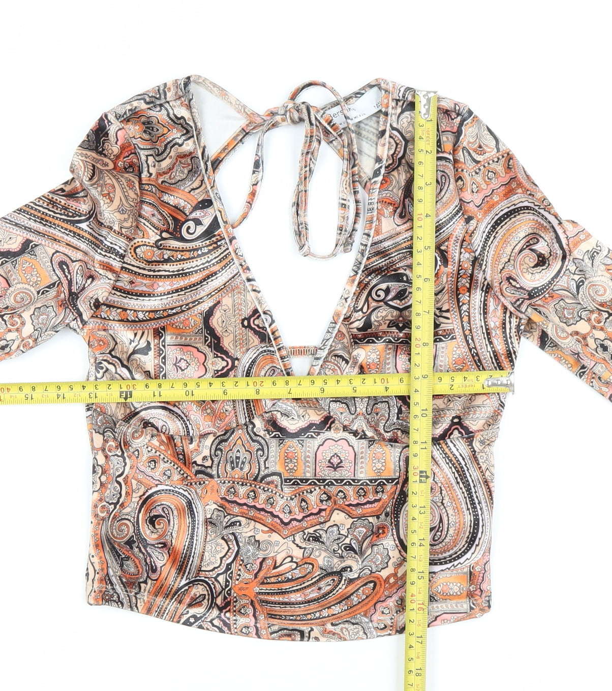Bershka Women’s Multicoloured Paisley Cropped V-Neck Blouse Size 6