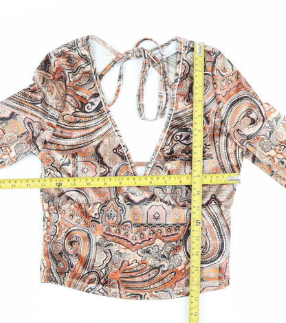 Bershka Women’s Multicoloured Paisley Cropped V-Neck Blouse Size 6