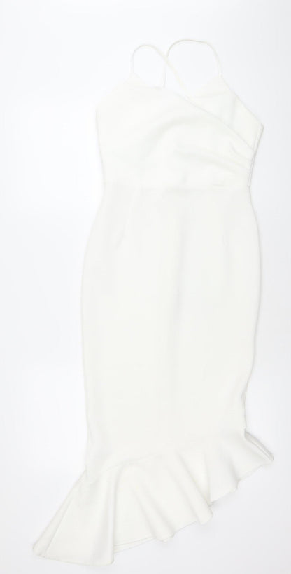 ASOS Women White Size 10 Bodycon Midi Dress Ruffle Hem V-Neck