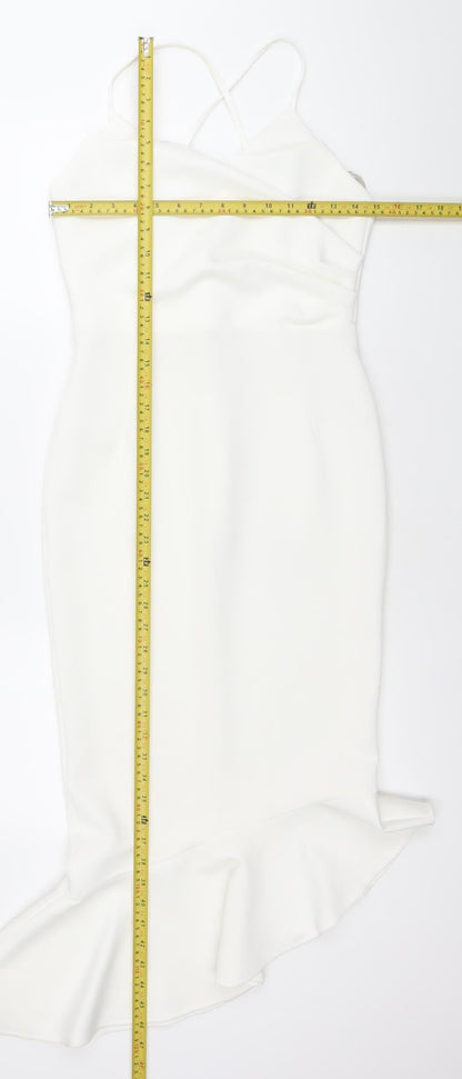 ASOS Women White Size 10 Bodycon Midi Dress Ruffle Hem V-Neck