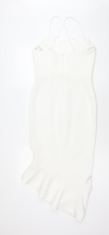 ASOS Women White Size 10 Bodycon Midi Dress Ruffle Hem V-Neck