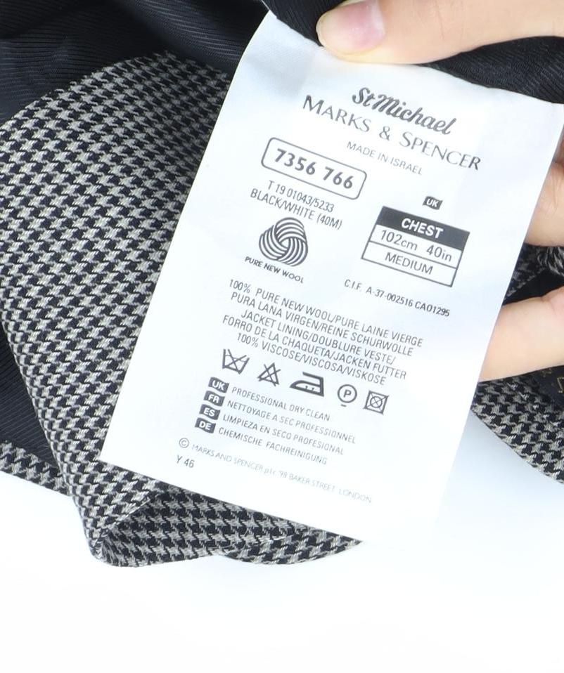 Marks and Spencer Men Black & White Checked Wool Blazer Jacket 40R