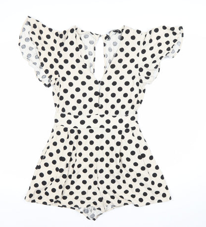 ZARA Women Ivory Black Polka Dot V-Neck Playsuit Size 6