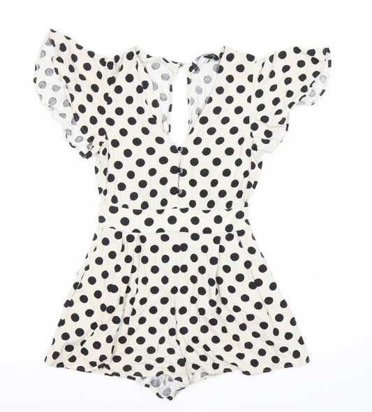 ZARA Women Ivory Black Polka Dot V-Neck Playsuit Size 6
