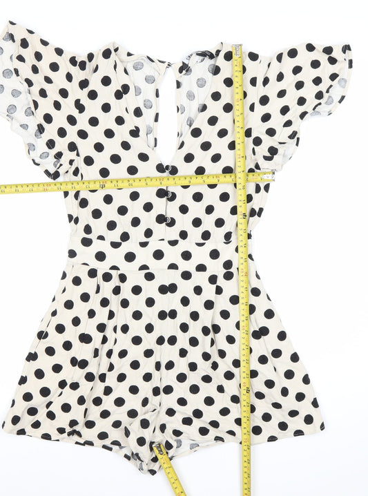 ZARA Women Ivory Black Polka Dot V-Neck Playsuit Size 6