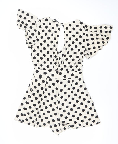 ZARA Women Ivory Black Polka Dot V-Neck Playsuit Size 6