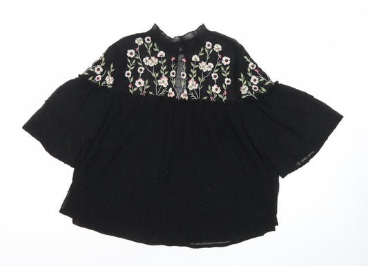New Look Womens Black Floral Embroidered Tunic Blouse Size 8