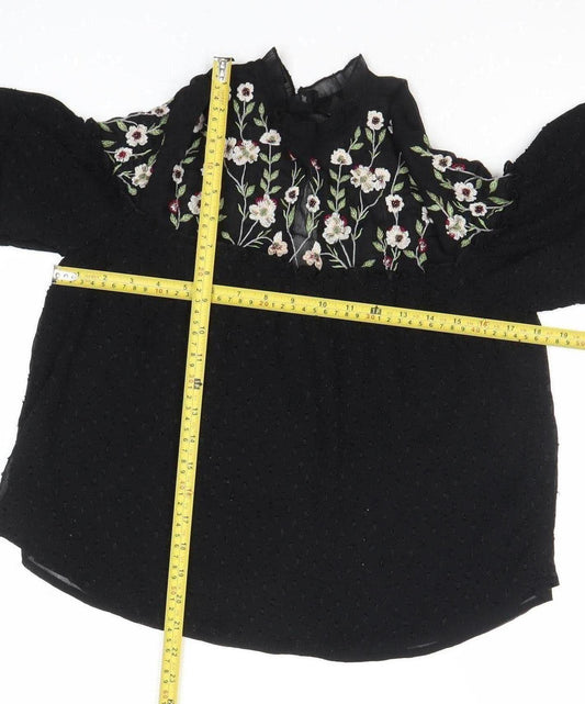 New Look Womens Black Floral Embroidered Tunic Blouse Size 8