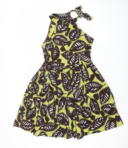 Axara Women’s Green Brown One Shoulder Cotton Summer Dress Size 10