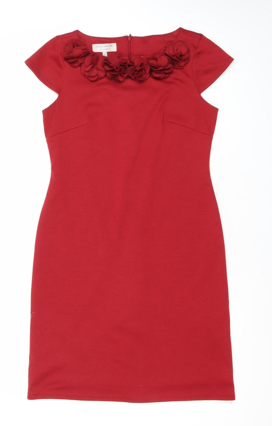 Laura Ashley Women Red Size 10 Sheath Dress Floral Appliqué Knee Length