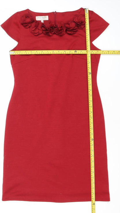 Laura Ashley Women Red Size 10 Sheath Dress Floral Appliqué Knee Length