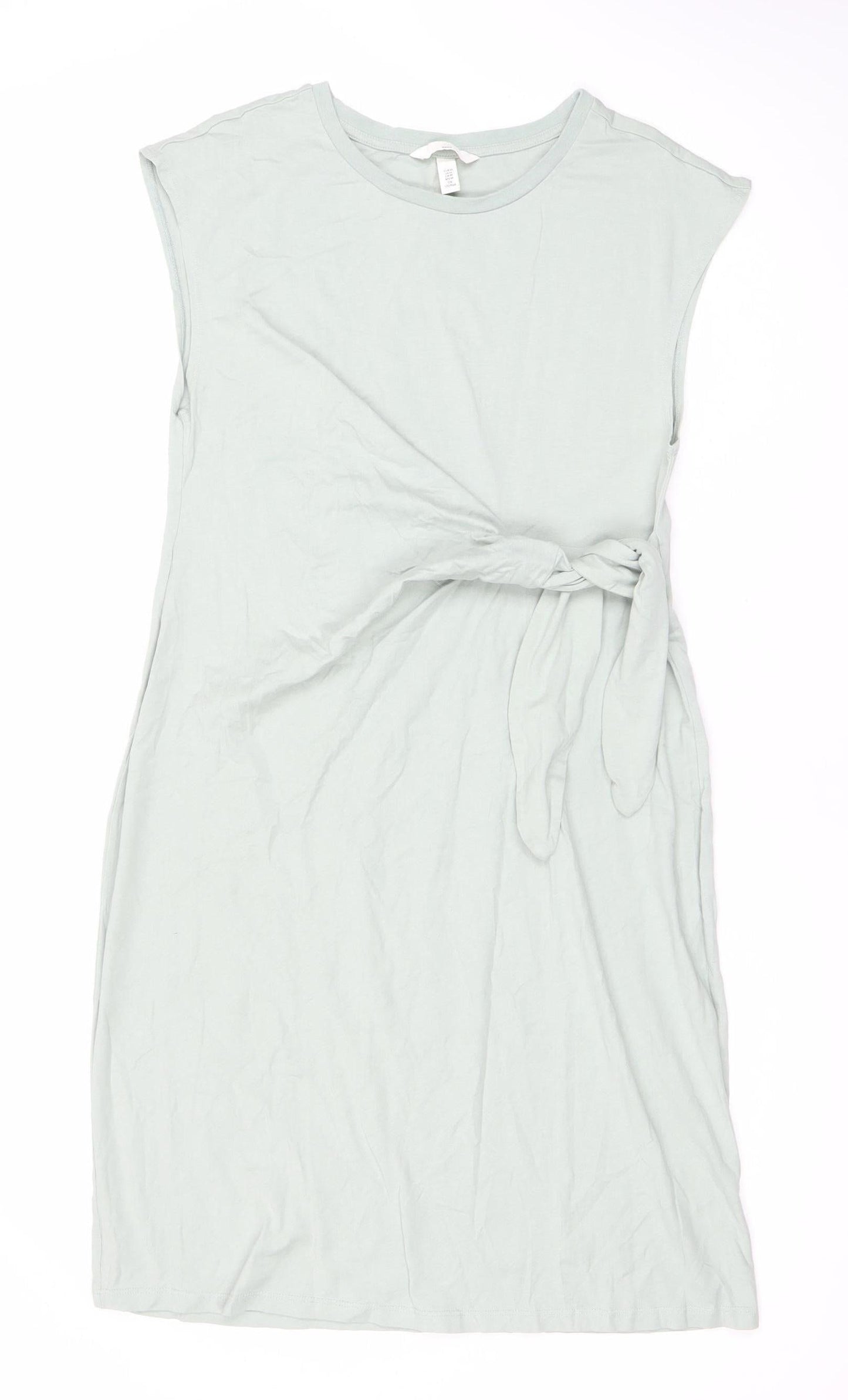 H&M Women’s Green Cotton Shift Tie Dress Size 14 Sleeveless Jersey