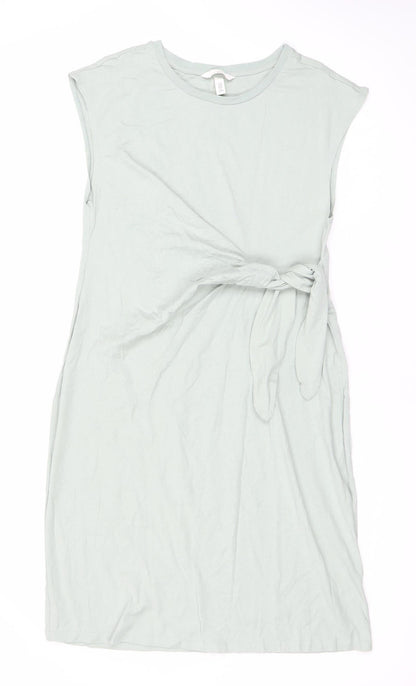H&M Women’s Green Cotton Shift Tie Dress Size 14 Sleeveless Jersey