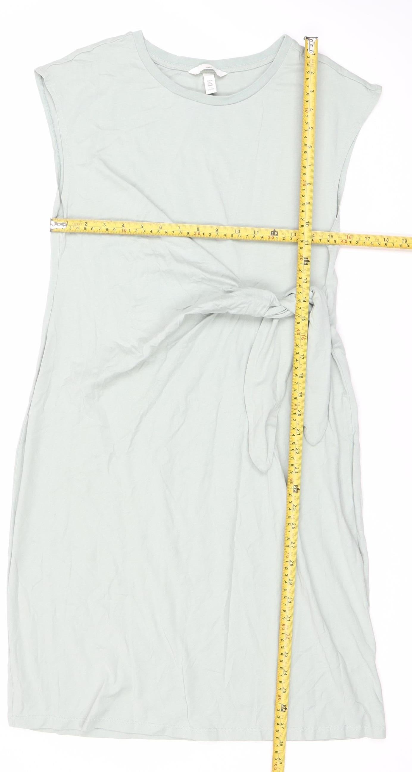 H&M Women’s Green Cotton Shift Tie Dress Size 14 Sleeveless Jersey