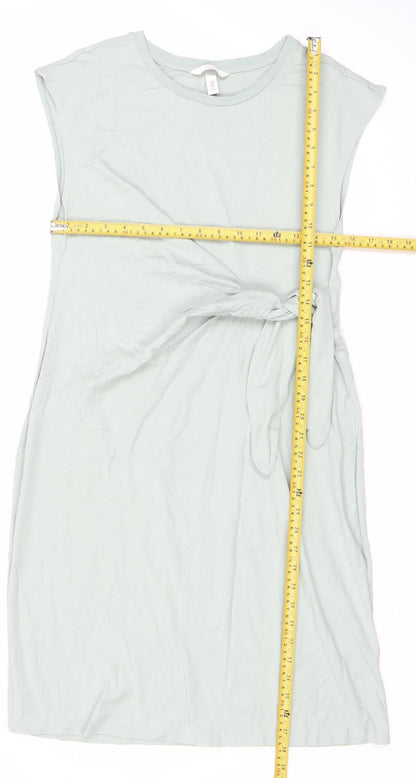 H&M Women’s Green Cotton Shift Tie Dress Size 14 Sleeveless Jersey