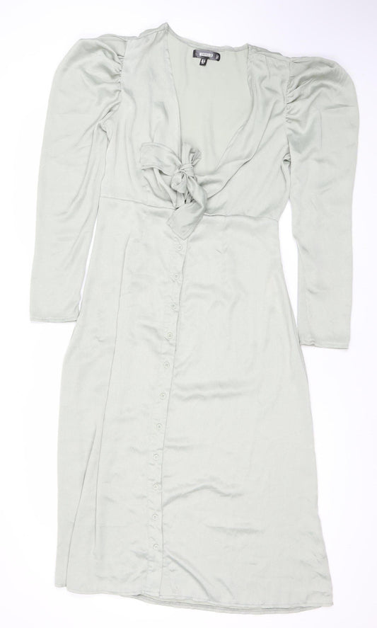 Missguided Women’s Green Wrap Dress Size 12 Puff Sleeve V-Neck