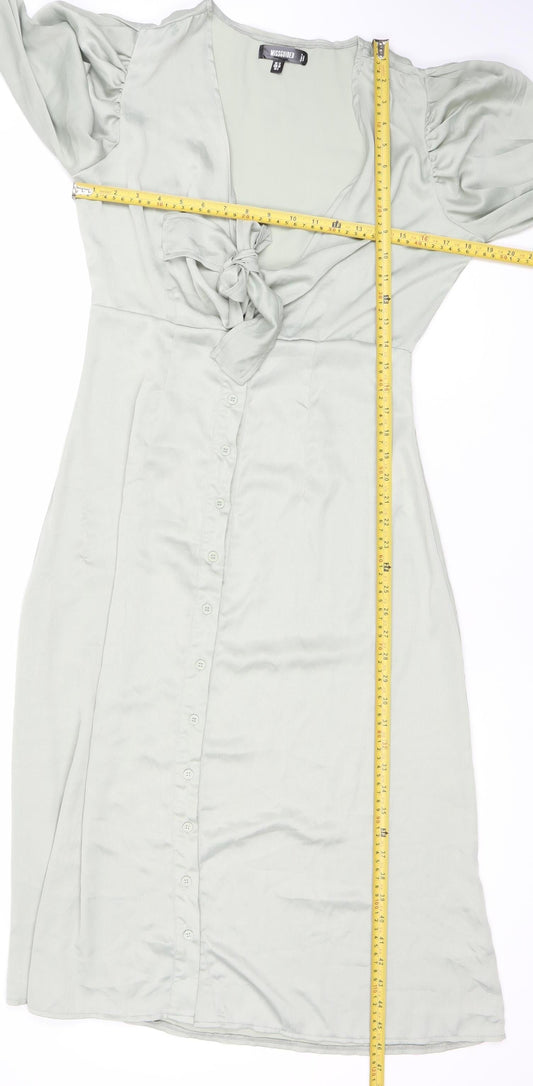 Missguided Women’s Green Wrap Dress Size 12 Puff Sleeve V-Neck