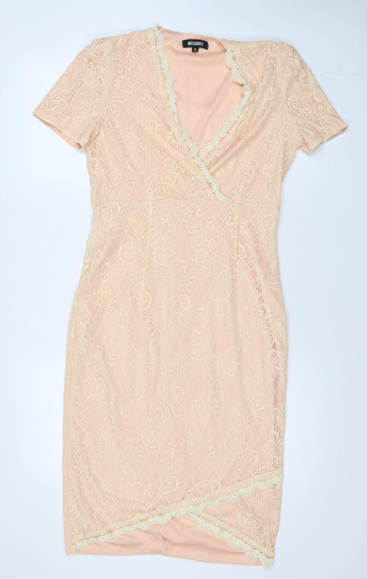 Missguided Women’s Beige Lace Sheath Dress Size 14 V-Neck Party Wedding