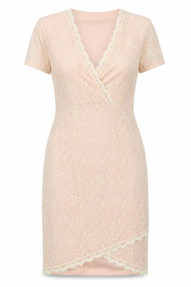 Front view of Missguided Women’s Beige Lace Sheath Dress, size UK 14, V-Neck Party Wedding