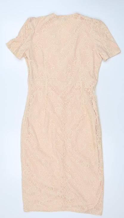 Missguided Women’s Beige Lace Sheath Dress Size 14 V-Neck Party Wedding