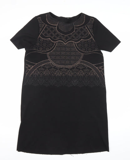 Zara Women Black Size 10 Embroidered Shift Dress Short Sleeve