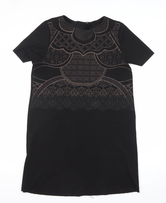 Zara Women Black Size 10 Embroidered Shift Dress Short Sleeve