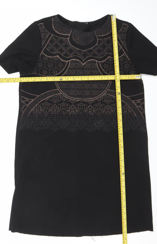Zara Women Black Size 10 Embroidered Shift Dress Short Sleeve