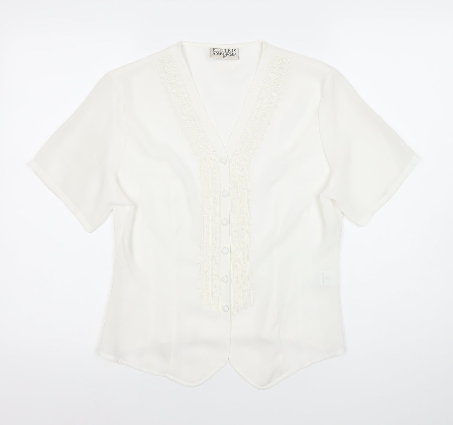 Anne Brooks Petite Womens Ivory Blouse Size 12 Short Sleeve V-Neck