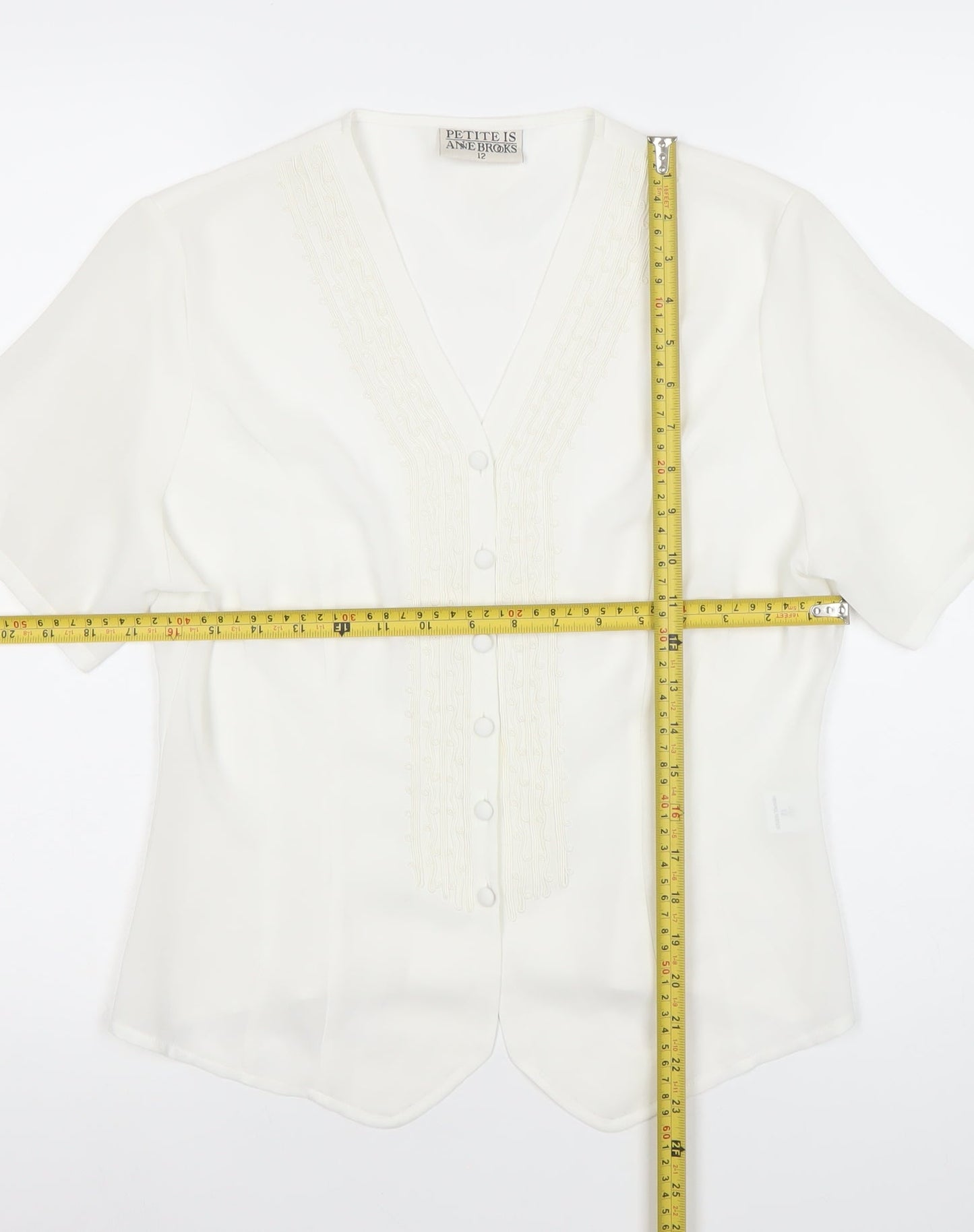 Anne Brooks Petite Womens Ivory Blouse Size 12 Short Sleeve V-Neck