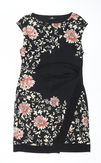Wallis Womens Black Floral Sheath Dress Size 12 Sleeveless Knee Length
