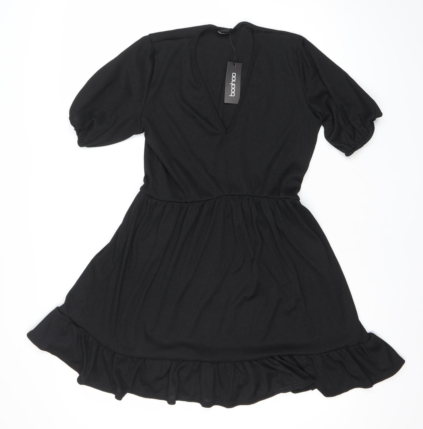 Boohoo Women Black Size 12 Skater Dress Puff Sleeve V-Neck