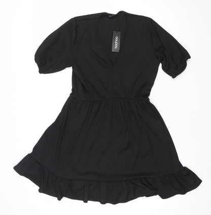 Boohoo Women Black Size 12 Skater Dress Puff Sleeve V-Neck