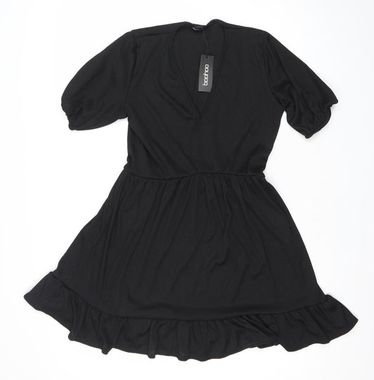 Boohoo Women Black Size 12 Skater Dress Puff Sleeve V-Neck