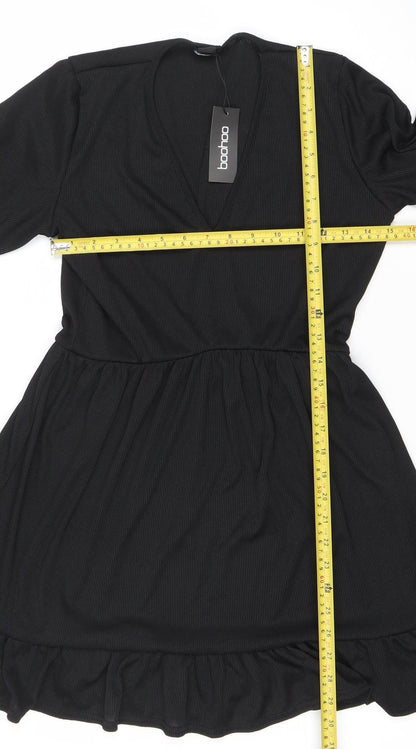 Boohoo Women Black Size 12 Skater Dress Puff Sleeve V-Neck