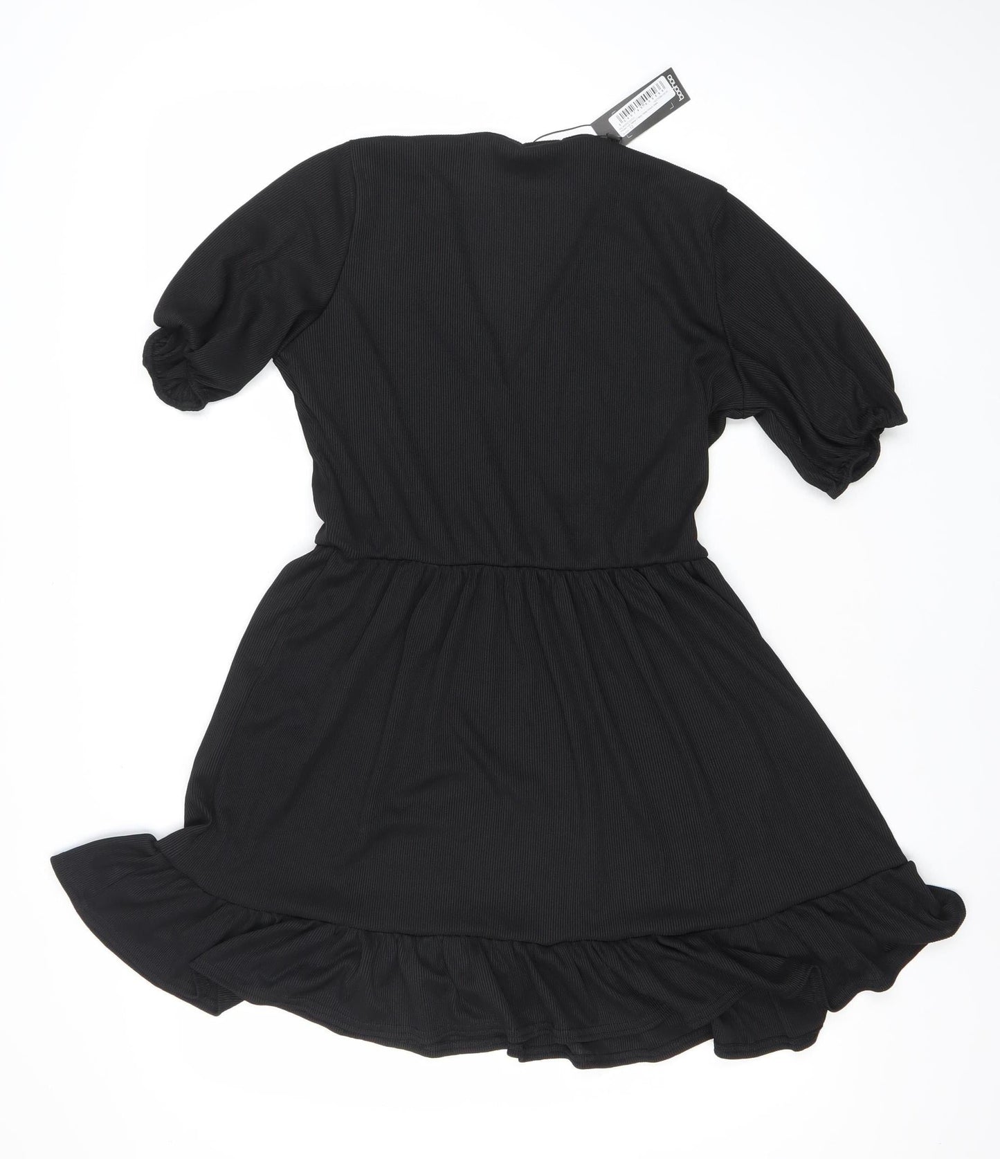 Boohoo Women Black Size 12 Skater Dress Puff Sleeve V-Neck