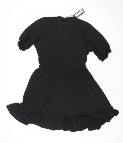 Boohoo Women Black Size 12 Skater Dress Puff Sleeve V-Neck