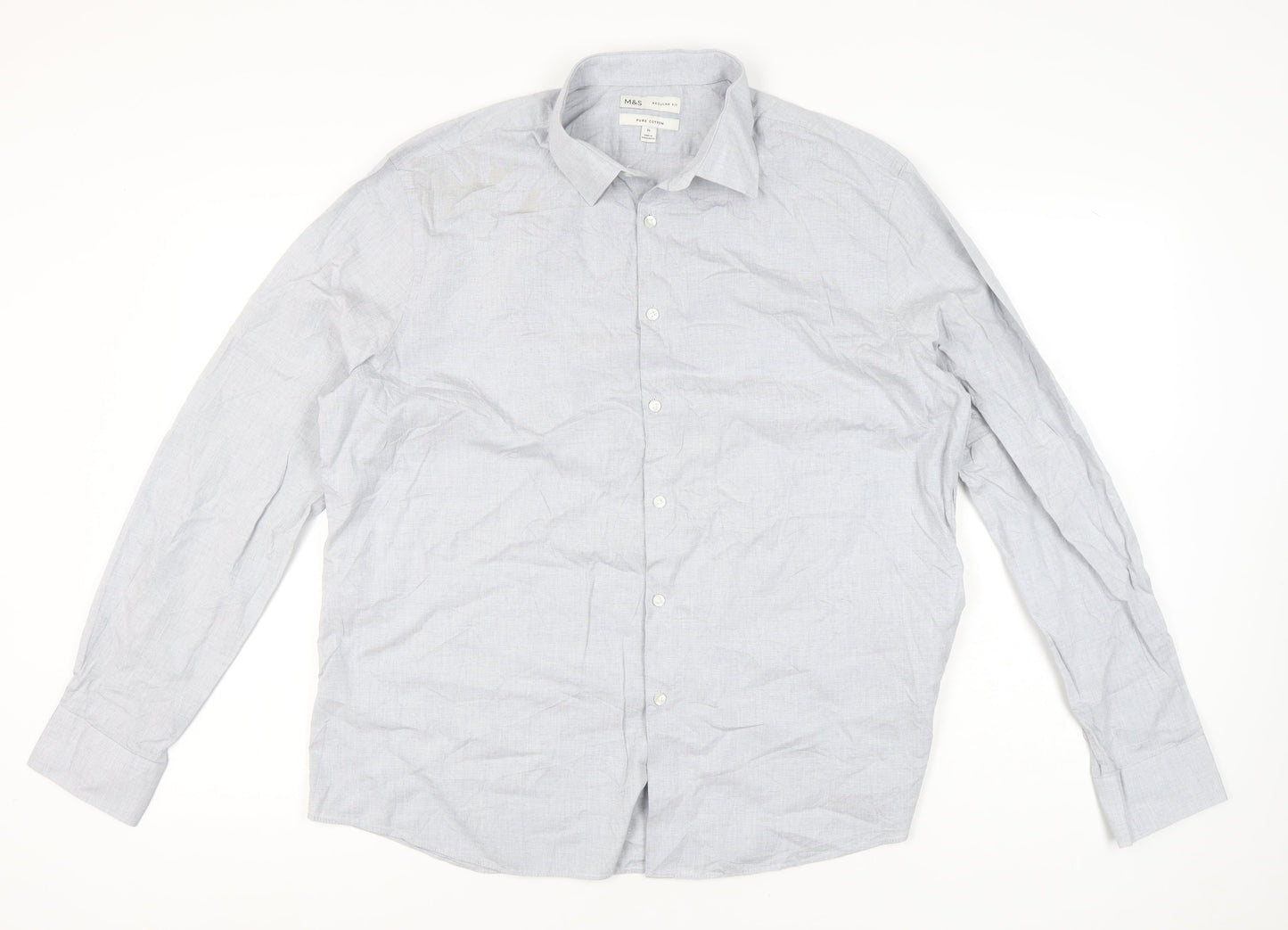 Marks and Spencer Men's Grey XL 44-46" Regular Fit Cotton Shirt