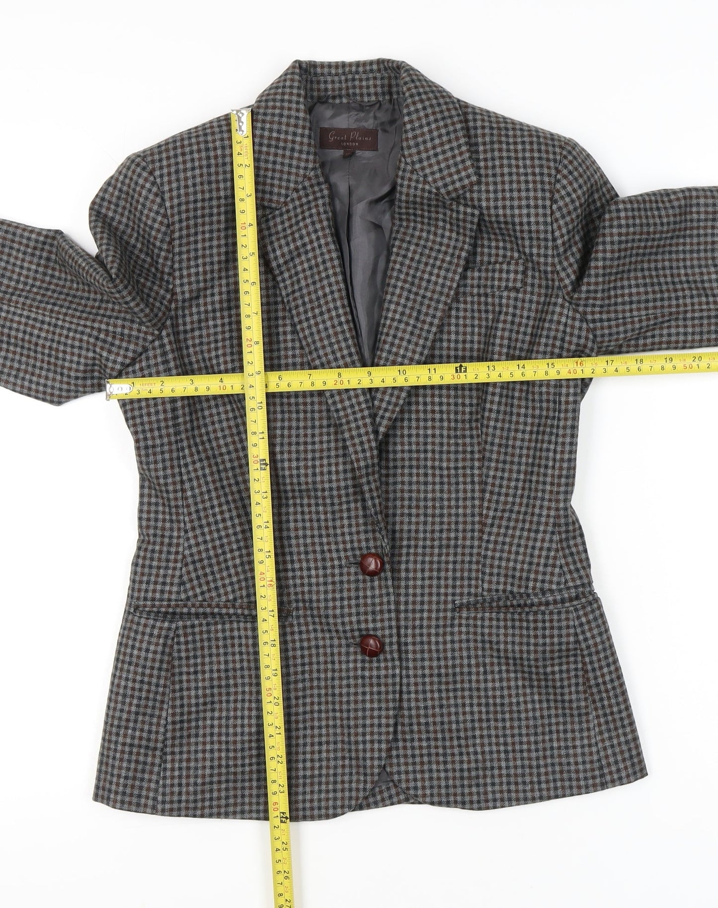 Great Plains Women Grey Wool Check Blazer XS Slim Fit Workwear