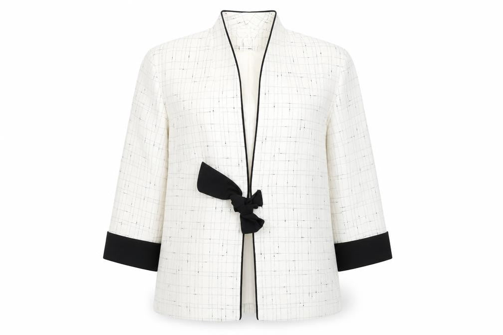 Front view of Roman Originals Women’s White Black Trim Shawl Collar Suit Jacket, size UK 14
