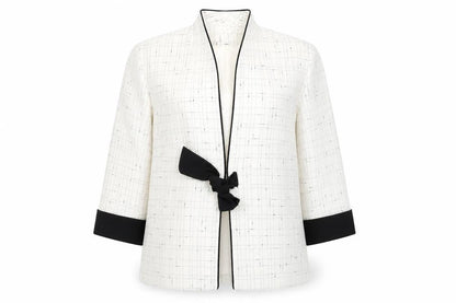 Front view of Roman Originals Women’s White Black Trim Shawl Collar Suit Jacket, size UK 14