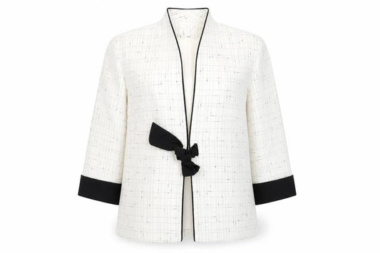 Front view of Roman Originals Women’s White Black Trim Shawl Collar Suit Jacket, size UK 14