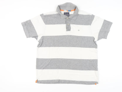 Champion Men’s Grey White Striped Polo Shirt Medium Short Sleeve