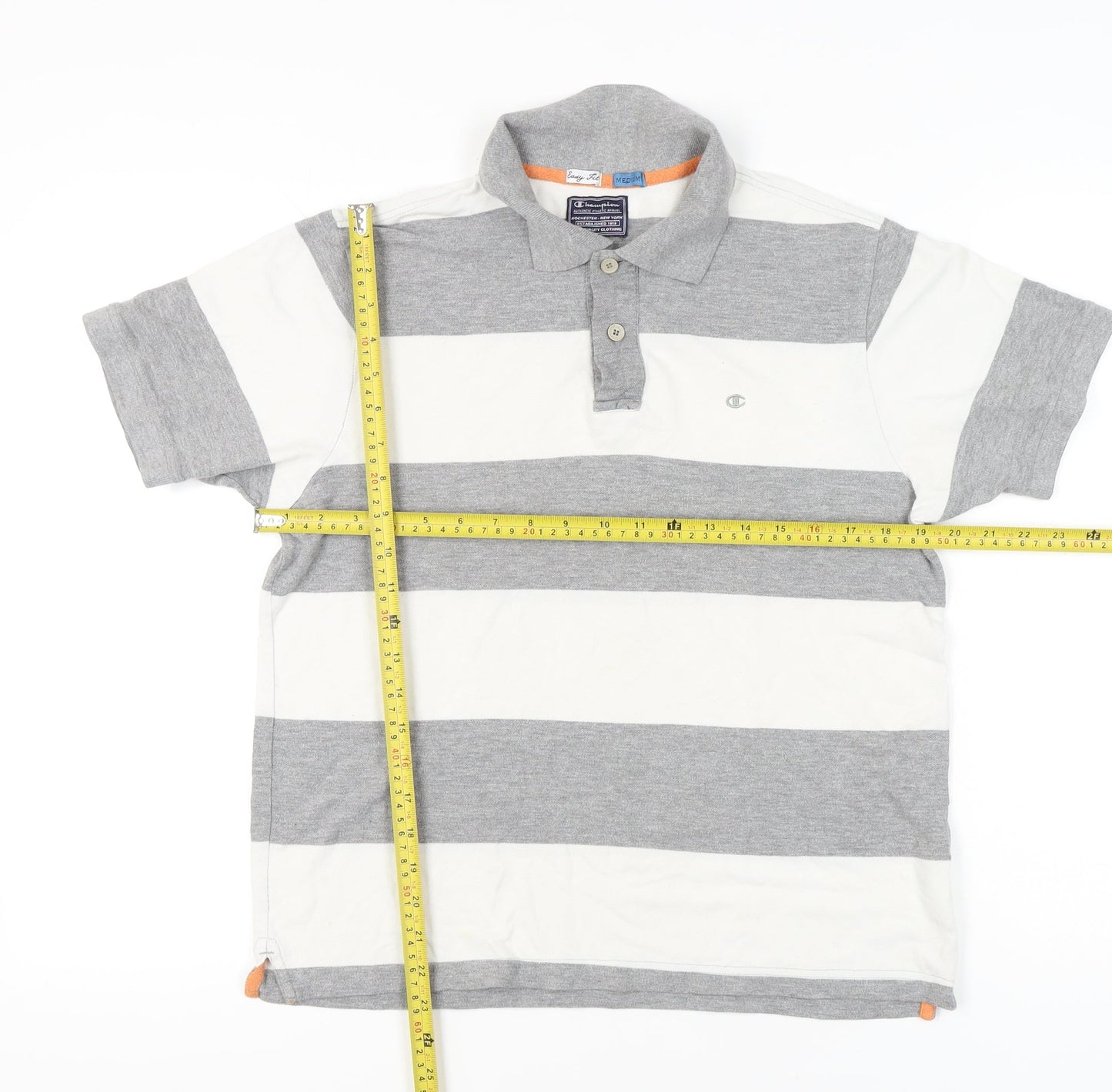 Champion Men’s Grey White Striped Polo Shirt Medium Short Sleeve