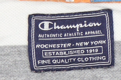 Champion Men’s Grey White Striped Polo Shirt Medium Short Sleeve